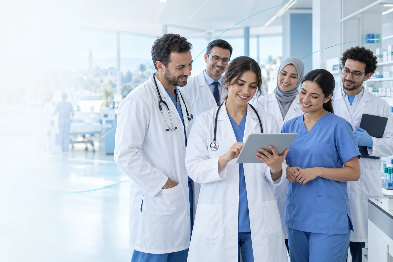 Équipe de médecins et professionnels de santé échangeant autour d’une tablette